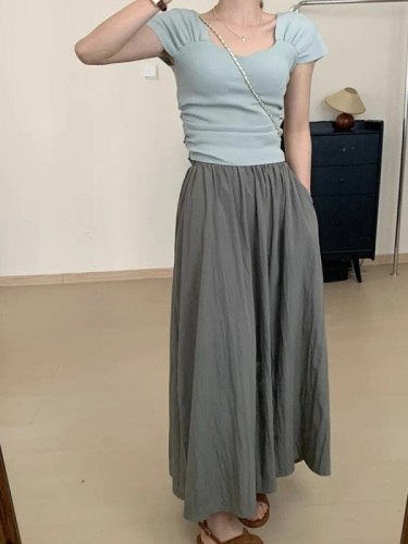 Mid-length solid color quick-drying skirt summer new women's fashion Korean style high-waist slim A-line long skirt