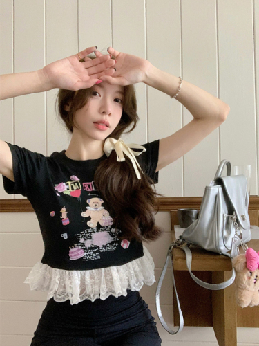 Real shot of summer Korean chic hand-printed splicing lace short T-shirt