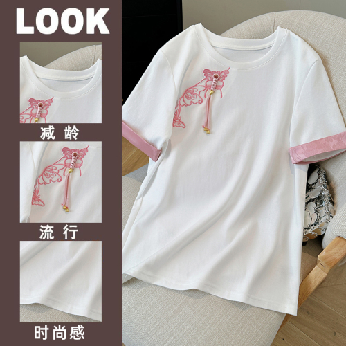 2024新款新中式轻国风刺绣竹子熊猫简约百搭休闲圆领短袖T恤女