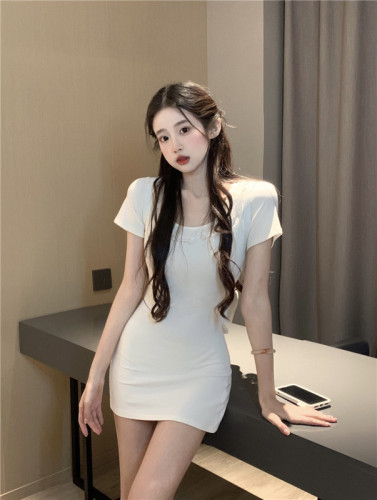 Real shot ~ hot girl style lace short-sleeved dress summer waist U-neck slimming slim hip skirt