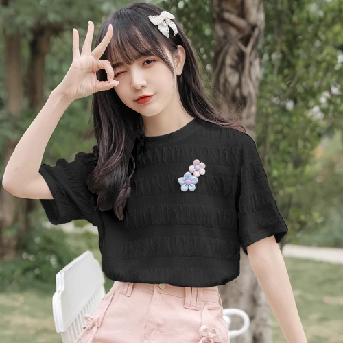 Official picture single-sided jacquard summer new pleated stripes irregular design round neck short-sleeved T-shirt women's trend