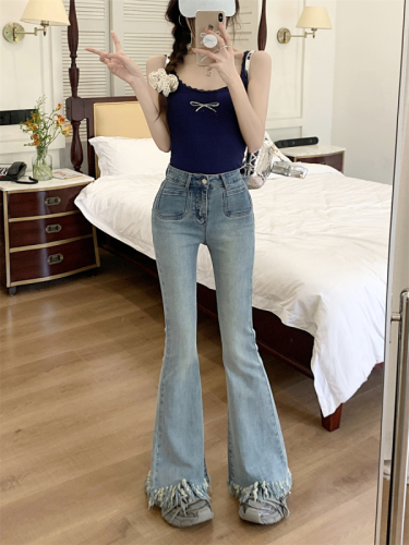 Actual shot ~ Retro washed light blue tassel slightly flared jeans
