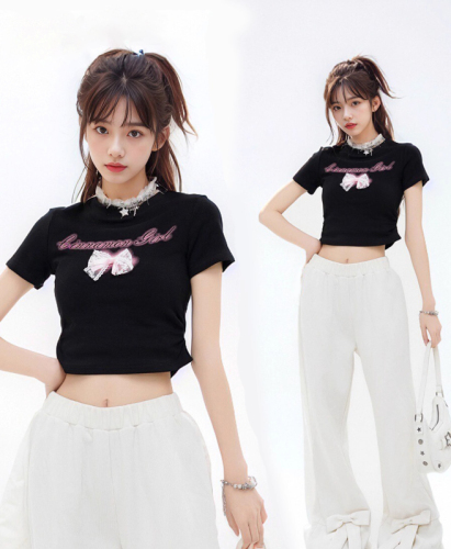 Official picture imitation cotton 40 count 1*1 summer new hot girl slim pleated design round neck short-sleeved T-shirt for women