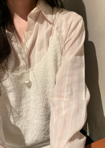韩国ins 春日序曲 少女粉撞色 蕾丝拼接 长袖衬衫 女短款衬衣
