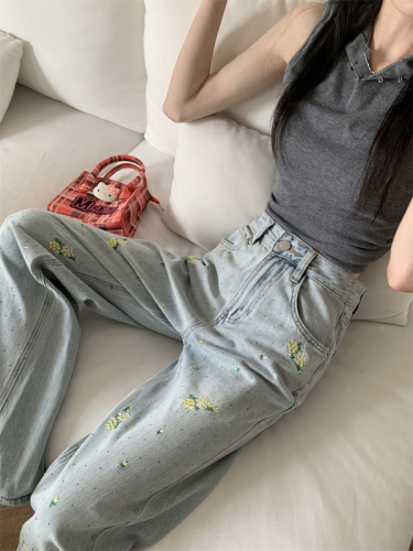 Actual shot~Fresh little yellow flower embroidery!  New Loose High Waist Rhinestone Straight Jeans Floor-Mopping Pants