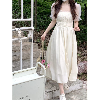 Apricot dress summer square neck puff sleeve French first love long dress retro temperament niche gentle style dress