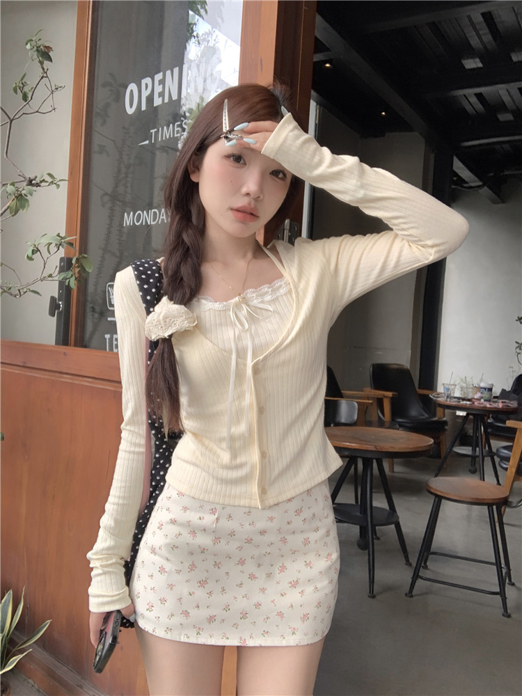 Real shot~ 1940s first love light yellow top and short skirt with floral print, college style set 