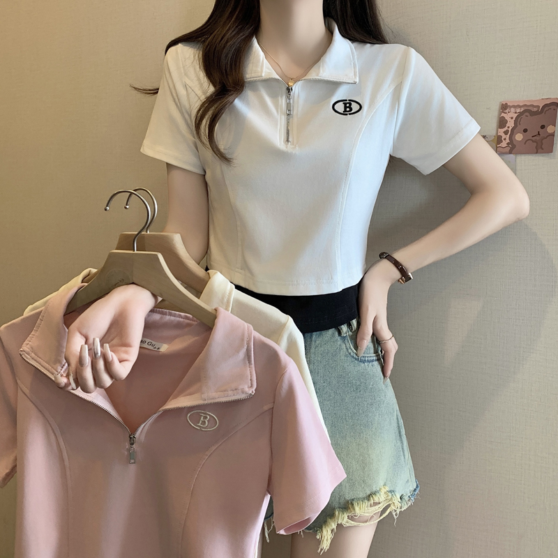 實拍拼色polo領小清新褶皺時尚短袖T恤女2024夏季大碼女裝上衣