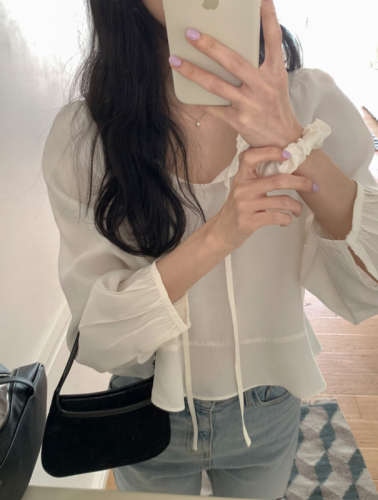韩国chic春日 气质飘带 荷叶边 长袖衬衫