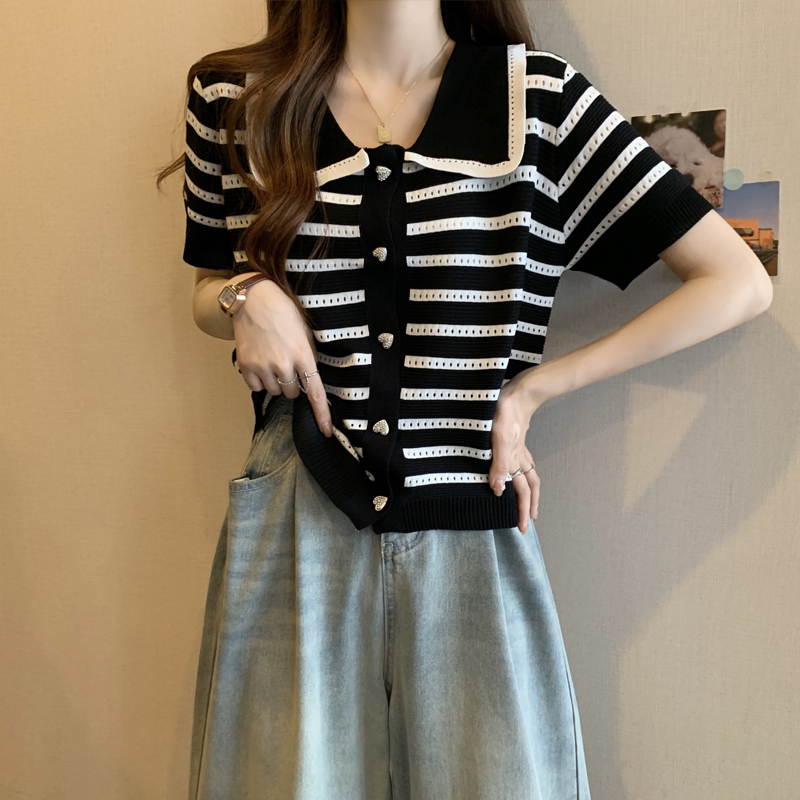 實拍大碼2024條紋小香風短袖女針織開衫鏤空娃娃領設計感翻領上衣