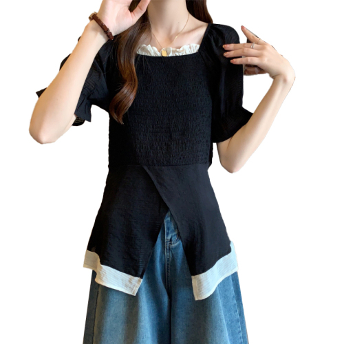 实拍大码夏装2024新款法式设计感胖妹妹设计感假两件方领短袖衬衫