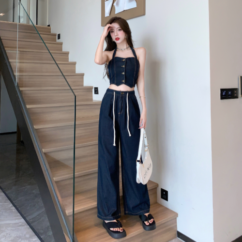Real shot and real price  new retro denim suit for women, age-reducing camisole, loose wide-leg pants and trousers two-piece set