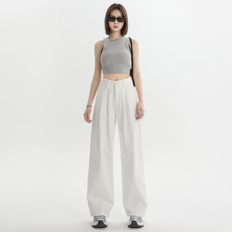 Real shot American jeans women's pleated wide-leg high-end high-end loose straight lazily lazy drooping trousers