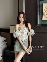 ZY夏季新款法式氣質小眾一字肩純欲風復古提花泡泡袖抹胸襯衫女潮