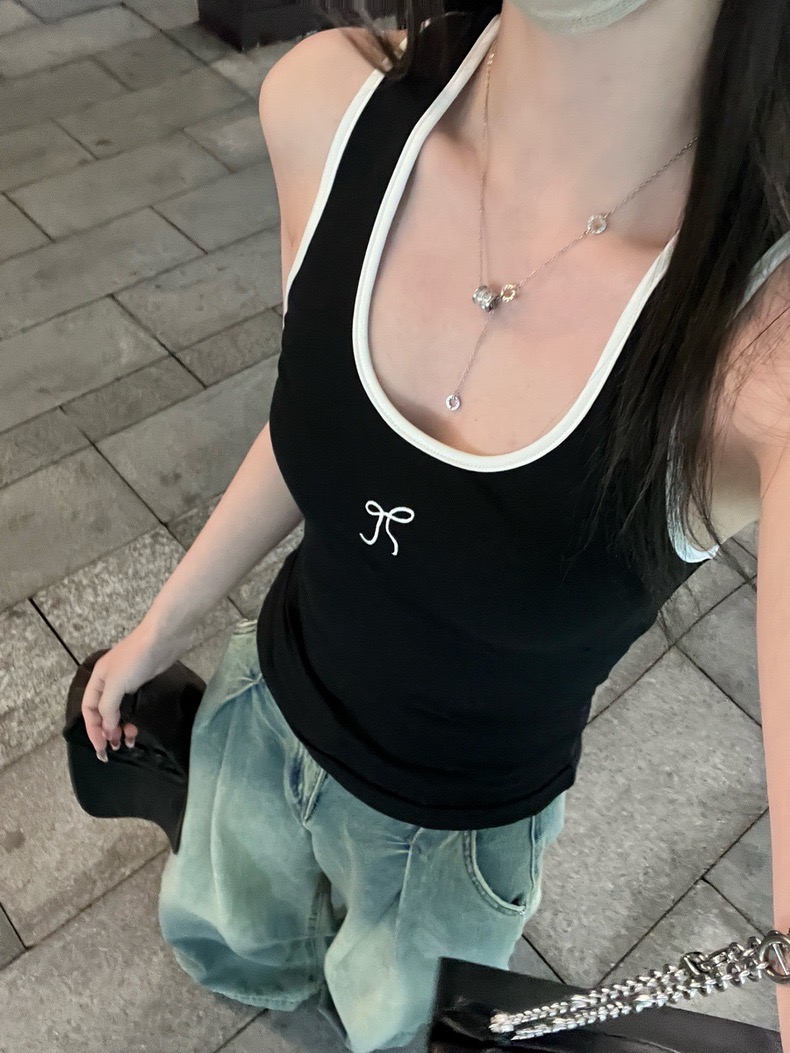 XXBAI 春夏剛需！ 刺繡圓領短袖t恤女夏內搭顯瘦工字背心上衣