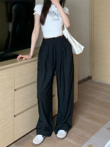 Actual shot of new summer clothes, loose slimming wide-leg pants, elastic high-waisted straight solid color casual pants
