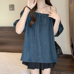 實拍大碼女裝2024夏季新款胖mm顯瘦上衣洋氣遮肉方領泡泡短袖襯衫