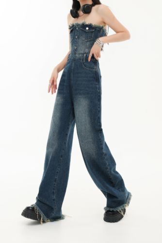 Actual shot of 2024 new hot girl tube top denim jumpsuit women's design casual high-waist slim wide-leg pants