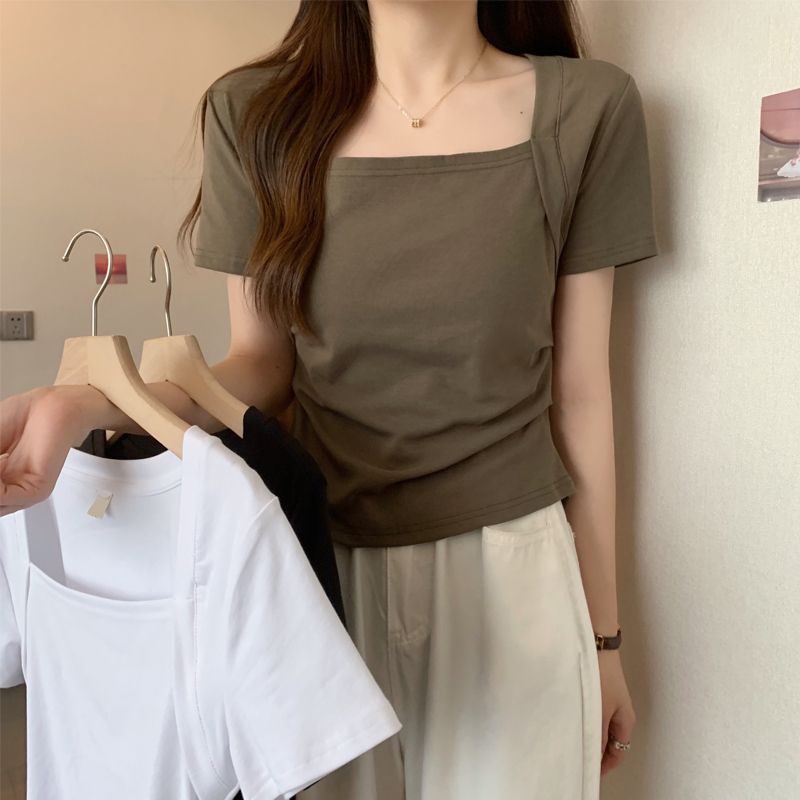 實拍大碼女裝方領短袖t恤女2024夏裝新款微胖妹妹顯瘦氣質上衣潮