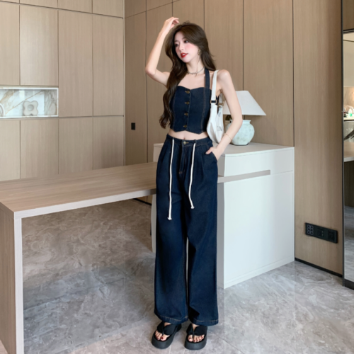 Real shot and real price  new retro denim suit for women, age-reducing camisole, loose wide-leg pants and trousers two-piece set