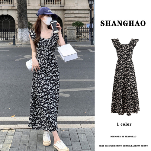 Retro black floral dress for women spring and summer 2024 new temperament slim mid-length ruffle skirt