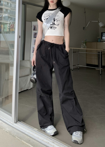 实拍时尚印花短T恤+高街美式直筒工装裤女休闲运动显瘦阔腿裤