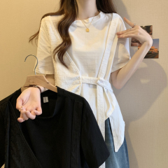 實拍大碼女裝2024夏季新款拼接上衣寬鬆時尚設計感假兩件百搭短袖