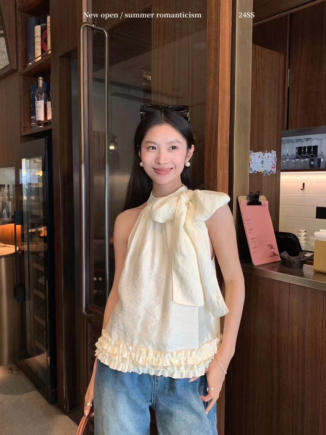 NEWOPEN2024年夏季新款蝴蝶結掛脖挖肩背心女氣質顯瘦花無袖襯衣
