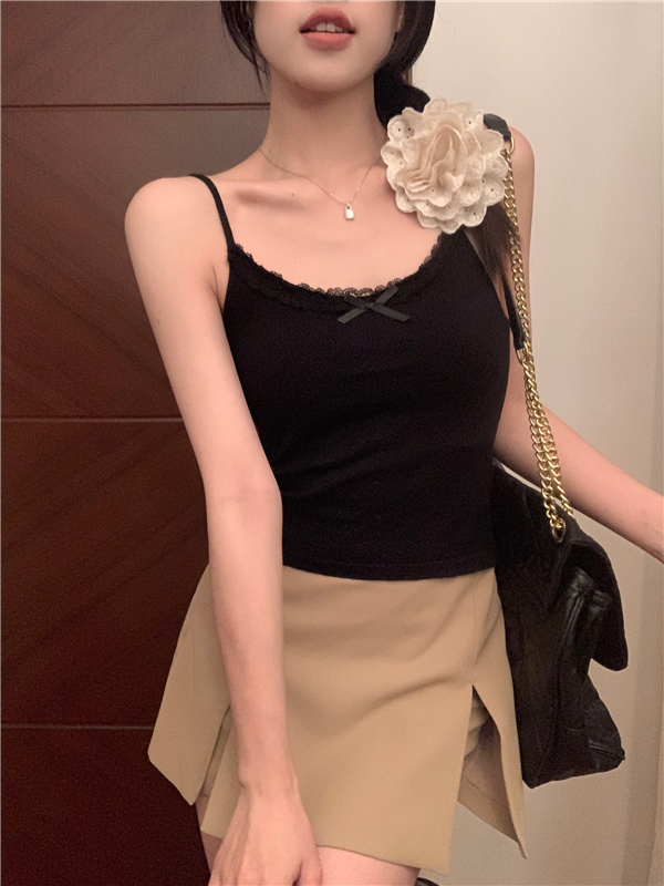 實拍 白色純欲少女芭蕾風愛心刺繡蕾絲邊修身吊帶內搭上衣女