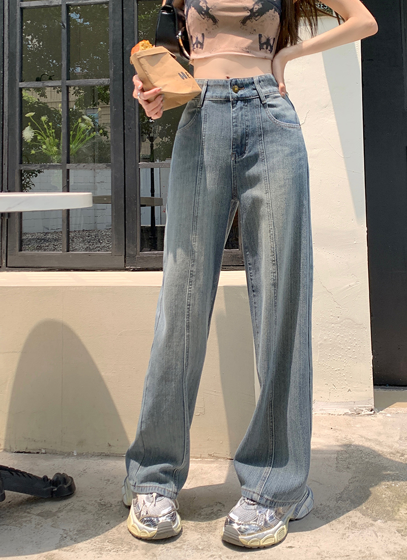 實拍 豎條紋立體提花牛仔褲女中縫設計感長腿高腰寬鬆直筒褲