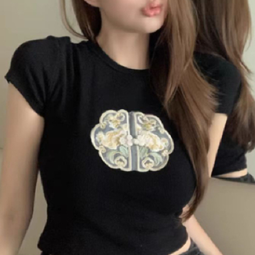 新中式国风刺绣正肩短袖t恤女夏季辣妹紧身显瘦高腰露脐短款上衣