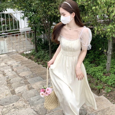 Apricot dress summer square neck puff sleeve French first love long dress retro temperament niche gentle style dress