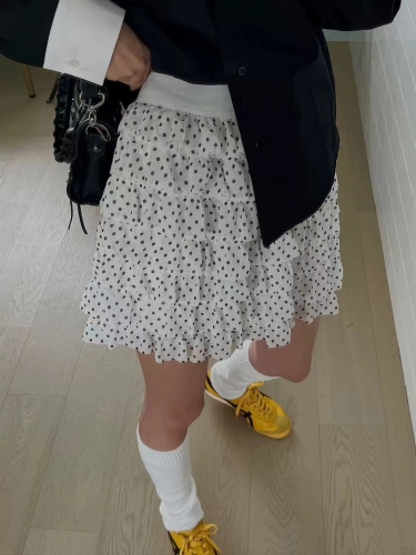 Korea 2024 polka dot print splicing skirt short skirt + long skirt