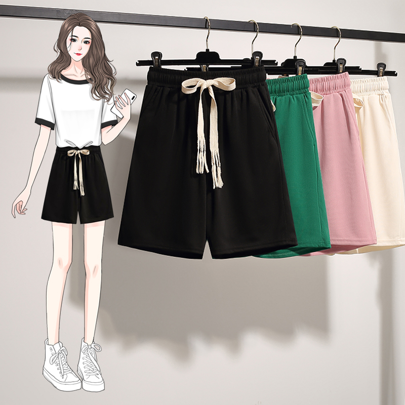Real shot of plus size women's clothing 2024 summer new style slightly fat girl high waist slim casual loose drawstring shorts