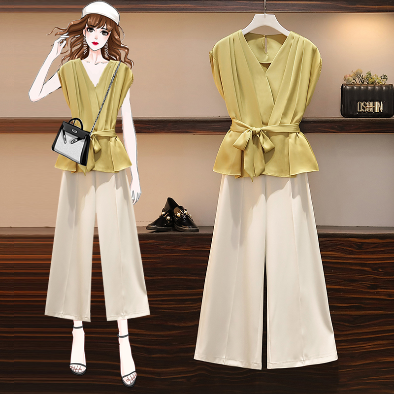 Actual shot of 2024 plus size women's summer clothing new V-neck tops high-waisted wide-leg pants loose casual trousers suit