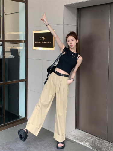 Actual shot ~ New khaki casual wide-leg pants for women, high-waisted, slim straight-leg work trousers