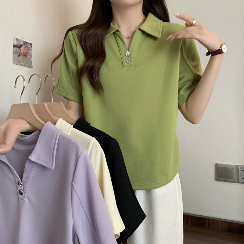 實拍胖妹妹polo領短袖t恤女大碼2024夏新款顯瘦遮肚寬鬆正肩上衣