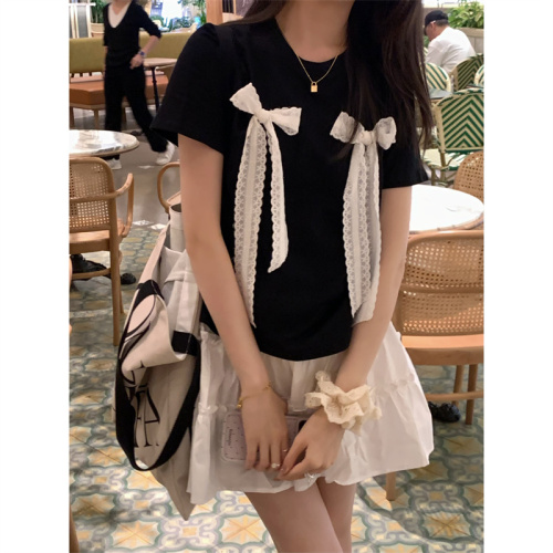 Real shot~A must-have lace bow black short-sleeved T-shirt + white cake skirt A-line for hot girls in summer