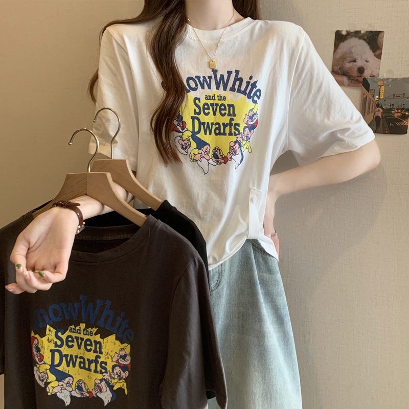 實拍大碼女裝2024夏裝新款美式復古短袖t恤女正肩印花設計感上衣