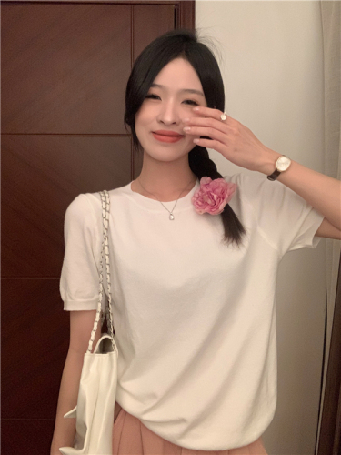 实拍 韩版百搭基础纯色圆领短袖针织 T恤女打底衫上衣