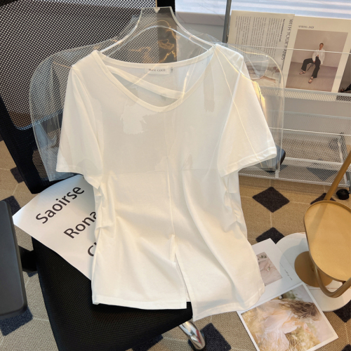 实拍大码女装2024年夏季新款设计感小众洋气宽松收腰开叉短袖T恤