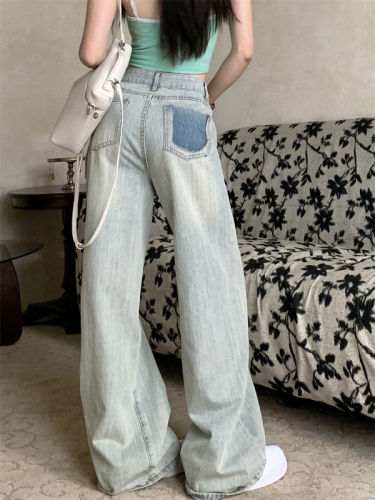 Actual shot of vertical striped loose straight wide-leg jeans