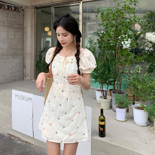 法式复古夏季新款韩版小清新甜美气质显瘦碎花少女短袖A字连衣裙