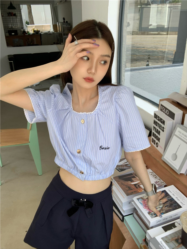 Real shot ~ Ruth's same style flange retro short round neck shirt for women + wide suit shorts