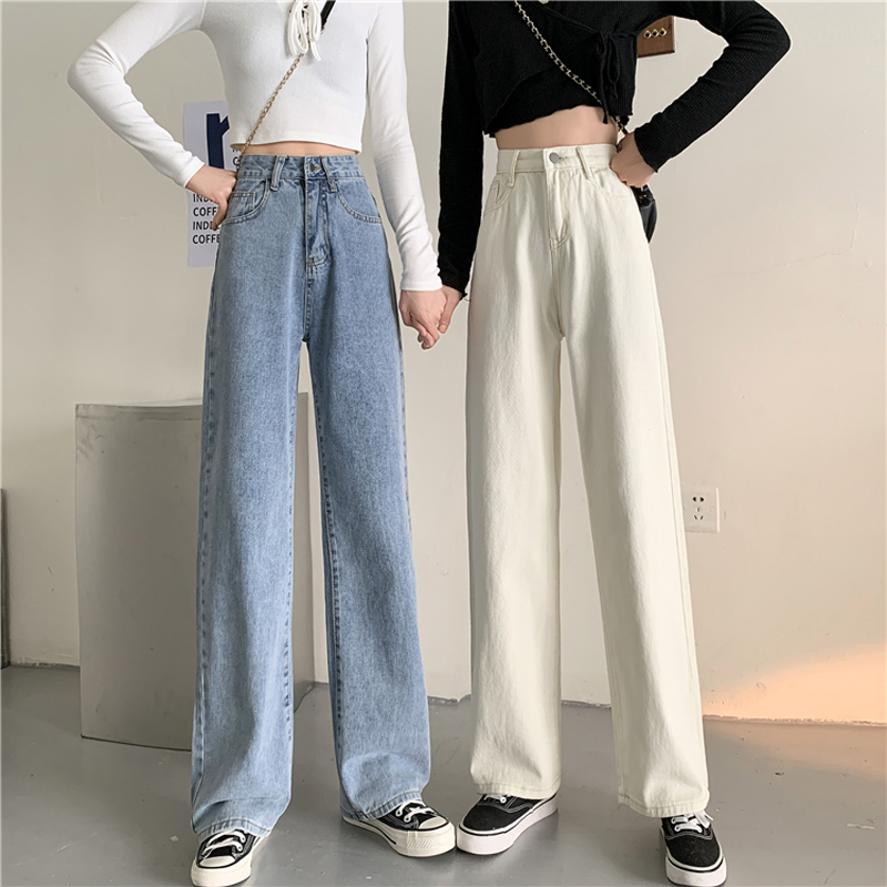 Light-colored jeans, wide-leg pants, high-waisted straight pants, slimming Korean style loose floor-length trousers