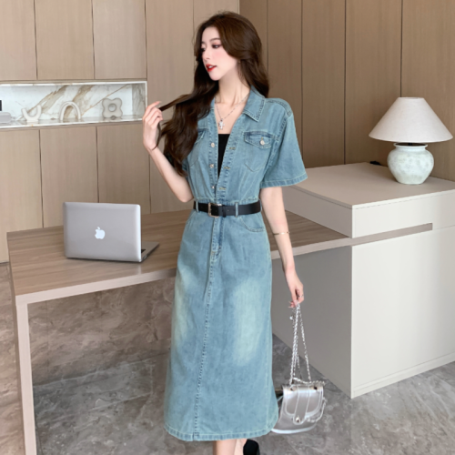 New high-end petite sweet and salty Hong Kong-style design and temperament waisted denim dress