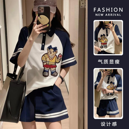 Official college style polo collar top embroidered sports casual suit women's fashion two-piece set