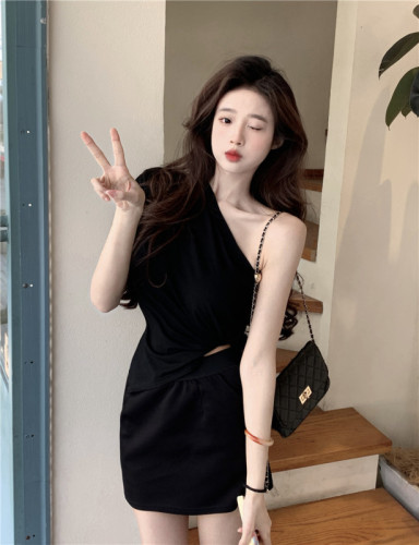 Actual shot~ Sexy, irregular, slanted collar, off-the-shoulder, versatile hip-hugging A-line short skirt suit for women