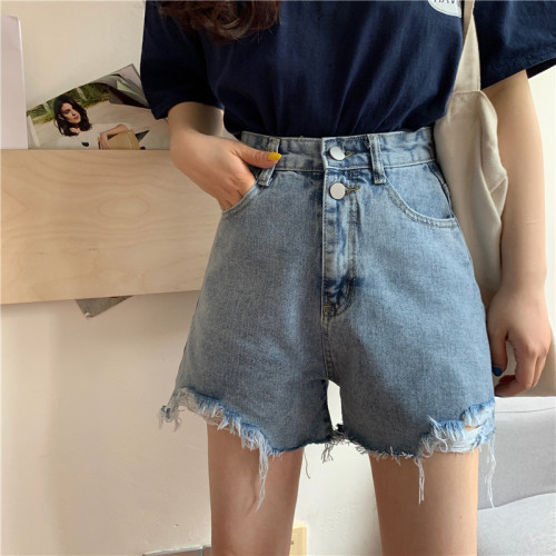 高腰牛仔短裤女夏季新款浅色宽松显瘦小个子阔腿a字超短热裤