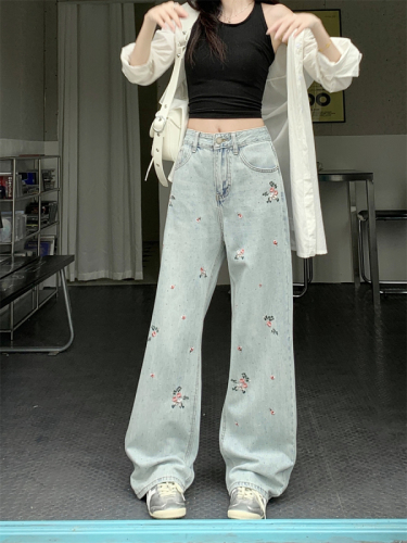 Actual shot~Fresh little yellow flower embroidery!  New Loose High Waist Rhinestone Straight Jeans Floor-Mopping Pants